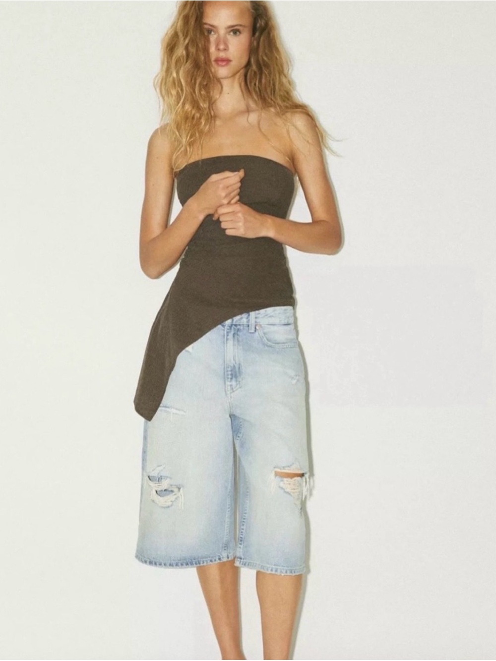Zara Brown Asymmetrical Strapless Bandeau Top NWT Small
